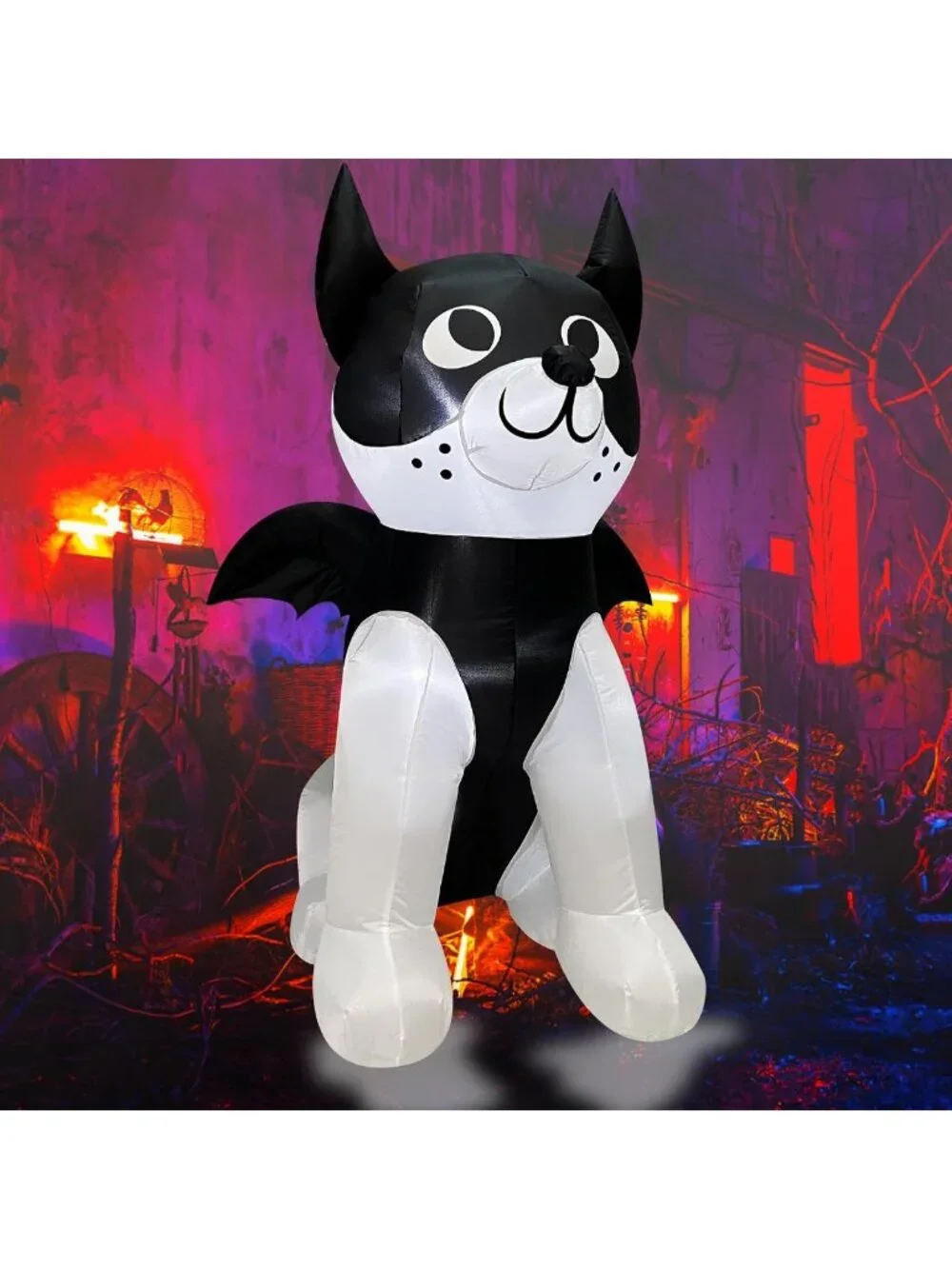 4FT Halloween Inflatable French Bulldog with Bat Wings - LED Yard Decor for